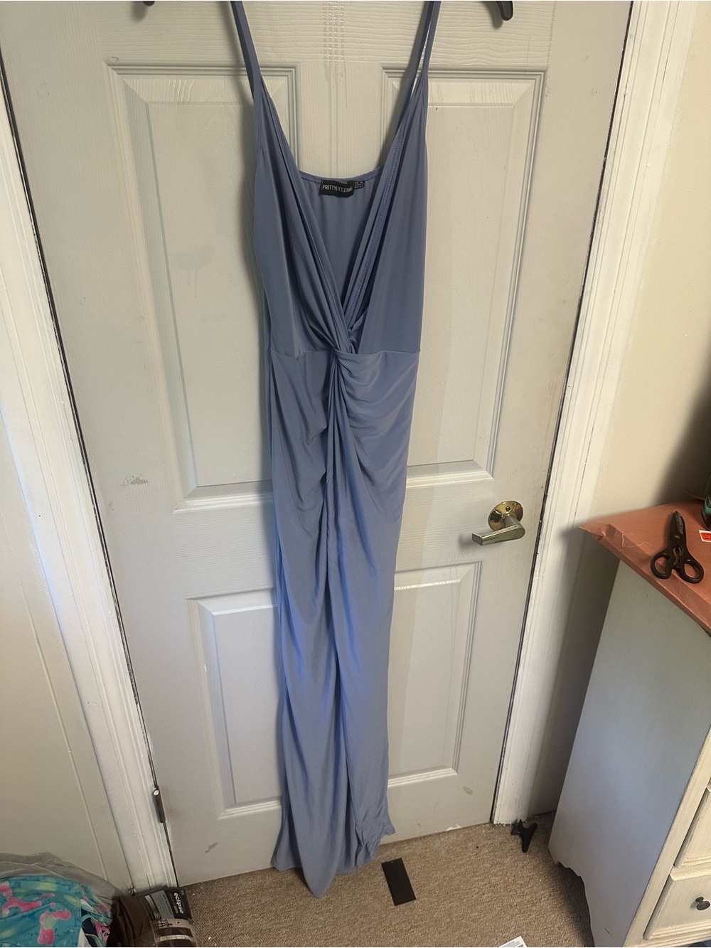 PrettyLittleThing Dusty Blue Twist-Front Strappy Maxi Dress